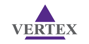 Vertex logo - a purple triangle split horizontally by grey text on white background that reads "Vertex".